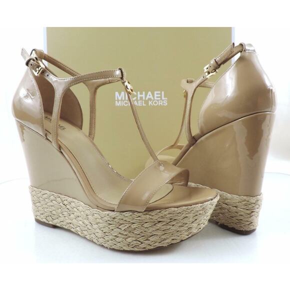 Women's Shoes Michael Kors Kerri Wedge Platform Heels Sandal Nude Patent Size 10 - Picture 2 of 9